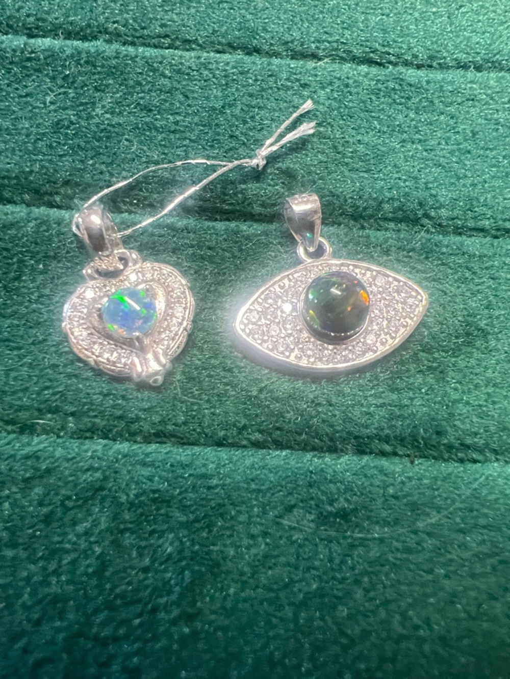 Silver Opal Heart and Evil Eye Pendant Set - Iridescent Green Blue 2 piece